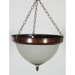 MODERN GILT METAL AND FROSTED GLASS HALL LANTERN, the circular holder with three chain suspension,