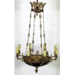 A 20TH CENTURY GILT AND IODIZED METAL EIGHT BRANCH CEILING ELECTROLIER