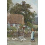 SAMUEL TOWERS  WATERCOLOUR DRAWING  Girl driving ducks past a thatched cottage Signed  13" x 9" (