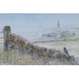 OWEN L. TRAYNOR  WATERCOLOUR DRAWING   'Hartshead Pike - Morning' Signed  9" x 12 1/2" (23cm x 32cm)