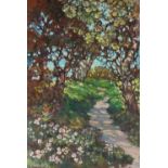 A.J HASTINGS (2OTH CENTURY) OIL PAINTING ON CANVAS 'Pathway to the Lake' Signed lower left,