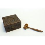 CARVED ROSEWOOD BOX, of square form, the lid and sides decorated with scrolling leaves and