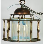 ARTS AND CRAFTS TINNED COPPER AND VASELINE HALL LANTERN, the domed top with ring suspension and