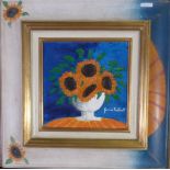 GENEVIEVE TURAUT  OIL PAINTING ON CANVAS  'Sunflowers in a vase'  Signed  12" x 12" (30.5cm x 30.