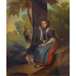 19TH CENTURY EUROPEAN SCHOOL SMALL OIL PAINTING ON POSSIBLE METAL PANEL rural scene, young woman