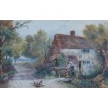 ATTRIBUTED TO BIRKET FOSTER R.W.S. WATERCOLOUR DRAWING Landscape with cottage, figures and poultry