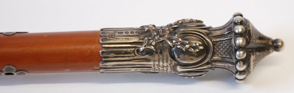 VICTORIAN SILVER MOUNTED PRESENTATION CEREMONIAL BATON, the pointed and foliate embossed silver - Image 2 of 2
