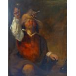 19TH CENTURY CONTINENTAL SCHOOL OIL PAINTING ON PANEL Seated cavalier raising his glass in a toast