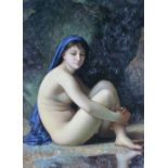 UNATTRIBURED  OIL PAINTING ON CANVAS  Nude female figure seated by the waters edge  16" x 12" (40.