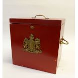 NINETEENTH CENTURY RED PAINTED PINE DEED BOX, of oblong form with heavy brass side handles and