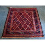 TRIBAL KAZAK HAND KNOTTED BORDERED ALL WOOL RUG, WITH ALL-OVER DIAMOND PATTERN, PRINCIPALLY