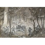 S. BOWE WATERS  MONOCHROME WATERCOLOUR DRAWING HEIGHTENED IN WHITE  Boer War scurmish in a forest