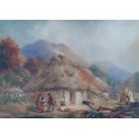 NINETEENTH CENTURY BRITISH SCHOOL  WATERCOLOUR DRAWING  Highland scene with figures before a very