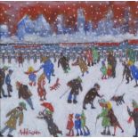 •SUE ATKINSON (b.1958) ACRYLIC ON CANVAS Urban snow scene  with numerous figures Signed 12" x 12" (