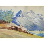 C. FRANK (20TH CENTURY) WATERCOLOUR An Alpine landscape with dwellings and trees  Signed and dated
