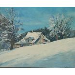 M. KUCKELKORN (20TH CENTURY) OIL PAINTING ON BOARD Houses and trees in a winter landscape  Signed