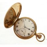 SWISS MADE ROLLED GOLD HUNTER POCKET WATCH, keyless 15 jewel movement, roman dial with seconds dial,