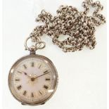 A LATE NINETEENTH CENTURY SWISS .935 SILVER CASED OPEN FACE LADY'S FOB WATCH, with keywind movement,