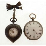 GUN METAL CASED HEART SHAPED FOB WATCH, mechanical movement, arabic dial, ON SEED PEARL SET BOW