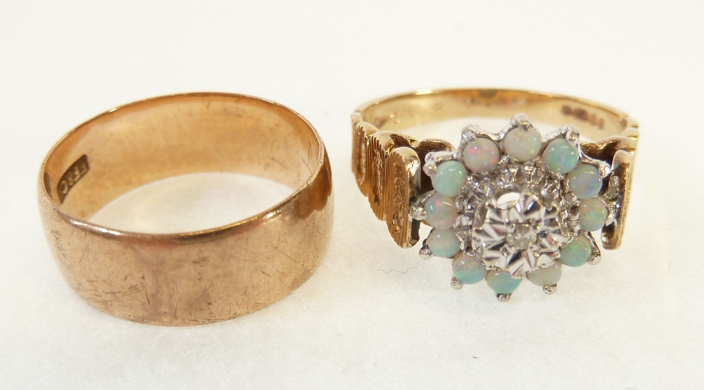 9CT ROSE GOLD BAND RING, Birmingham 1916, 3g, AND A OPAL AND DIAMOND SET RING, illusion set with a