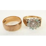 9CT ROSE GOLD BAND RING, Birmingham 1916, 3g, AND A OPAL AND DIAMOND SET RING, illusion set with a