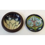 TWO MODERN MOORCROFT TUBE LINED POTTERY COASTER OF SAUCER DISHES, comprising; 'Indigo' in moulded