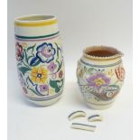 TWO PIECES OF POOLE POTTERY floral painted in colours, comprising a footed TAPERING VASE, 8 3/4" (