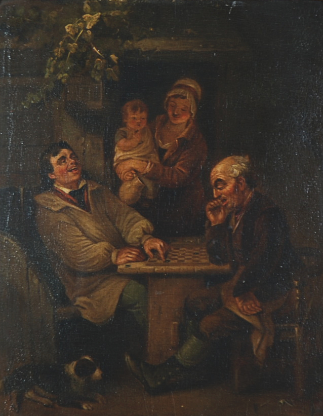 UNATTRIBUTED (EARLY 19th CENTURY BRITISH SCHOOL) OIL PAINTING ON MAHOGANY PANEL Figures playing