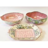 MALING LUSTRE POTTERY OVAL FOOTED FRUIT BOWL, typical  scale pink and floral decoration, 10" (25.