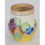 CLARICE CLIFF/WILKINSONS DELECIA PANSIES PATTERN HAND PAINTED POTTERY VASE, of ribbed baluster
