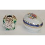 DRESDEN, GERMAN, CHINA EGG SHAPED BOX AND COVER, floral printed  with blue and gilt borders, 4" (