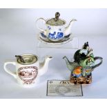 THREE PAUL CARDEW SPECIAL EDITION ONE CUP NOVELTY POTTERY TEAPOTS, COMPRISING; Limted edition blue