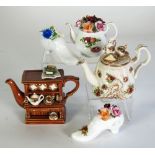 TWO PAUL CARDEW FOUR ROYAL DOULTON ONE CUP NOVELTY TEAPOTS, COMPRISING; 'Welsh Dresser', and 'Old