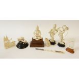 VARIOUS CARVED BONE AND IVORY ITEMS, including EARLY TWENTIETH CENTURY CARVED FIGURE OF A BUDDAH,