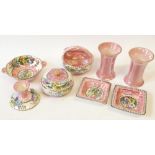 FOURTEEN SMALL ITEMS OF MALING LUSTRE POTTERY PINK SCALE AND FLORAL DECORATION, includes small