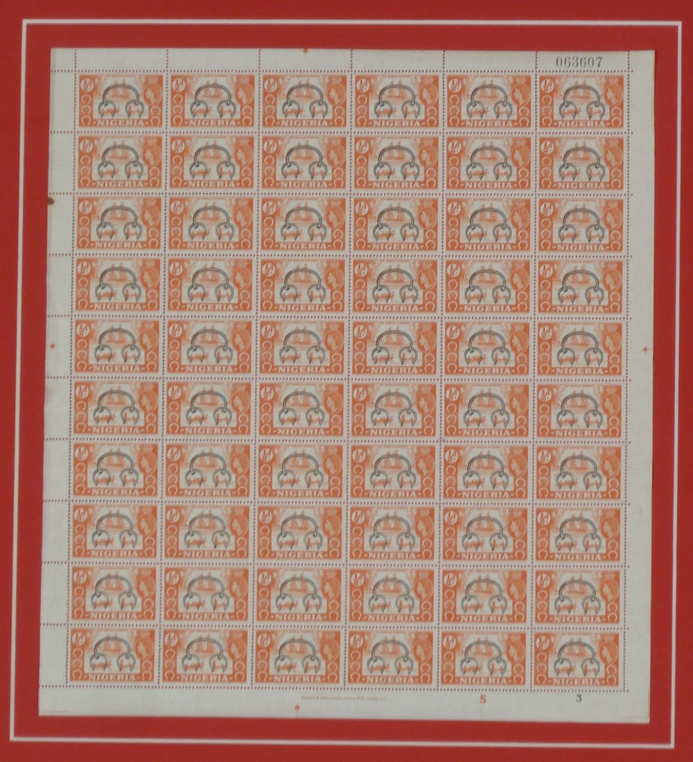 FRAMED FULL SHEET OF SIXY NIGERIA QUEEN ELIZABETH II 1/2 PENNY STAMPS pale orange and black, stamped