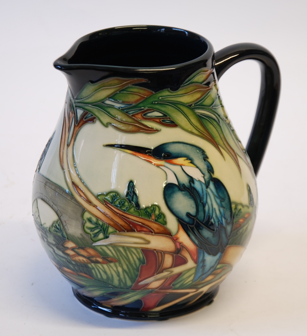 LIMITED EDITION MODERN MOORCROFT "KINGFISHER" PATTERN TUBE LINED POTTERY LARGE JUG, BY PHILIP