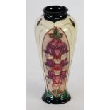 2ND QUALITY MODERN MOORCROFT 'FOXGLOVE' DESIGN TUBE LINED POTTERY VASE, slender ovoid form,