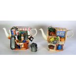 TWO PAUL CARDEW LARGE SIZED 'MARKET STALL' PATTERN NOVELTY POTTERY TEAPOTS, COMPRISING;  'Teapots