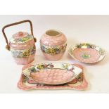 MALING LUSTRE POTTERY BISCUIT BARREL AND COVER, pink scale and floral pattern of hexagonal form with