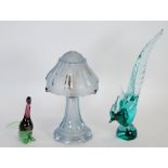 BLUE TINTED AND FROSTED MOULDED GLASS TABLE LAMP, with spreading base and domed shade, 13 1/2" (34.