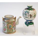 NINETEENTH CENTURY CHINESE FAMILLE ROSE PORCELAIN TEAPOT AND COVER, of cylindrical form, typically