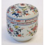 LATE NINETEENTH/EARLY TWENTIETH CENTURY JAR AND COVER, bucket shaped with disc knop to cover,