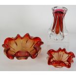 THREE PIECES OF ITALIAN RUBY CASED STUDIO GLASS COMPRISING; VASE, 9" (22.9cm) high and a
