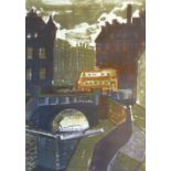 NORMAN JAQUES (1926 - 2014) ARTIST SIGNED ORIGINAL COLOURED LITHOGRAPH "Manchester Canal" with bus