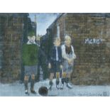 CHRIS SIMS HAND COLOURED LITHOGRAPH "Back Alley Kids - MCFC" Signed and with pencil dedication 4 1/
