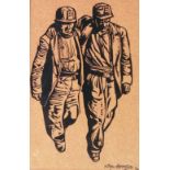 ROGER HAMPSON (1925 - 1996) LINOCUT IN BLACK ON BROWN PAPER "Two Miners" Signed and numbered 1/20