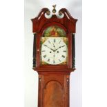 EARLY NINETEENTH CENTURY FIGURED MAHOGANY LONGCASE CLOCK, indistinctly signed, the 12" painted roman