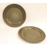 TWO ANTIQUE PEWTER CHARGERS, 18" (45.7cm) diameter