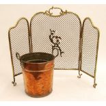 BRASS WIRE PATTERN TRIPTYCH  FIRE SCREEN AND A COPPER TWO HANDLED COAL BUCKET (2)